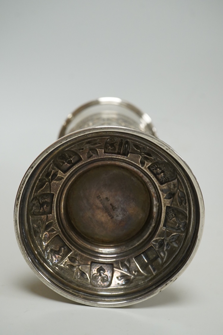 A late 19th century German 800 standard white metal 25th anniversary commemorative vase, embossed with figures, swags and ribbons, 20.9cm, 7.6oz.
